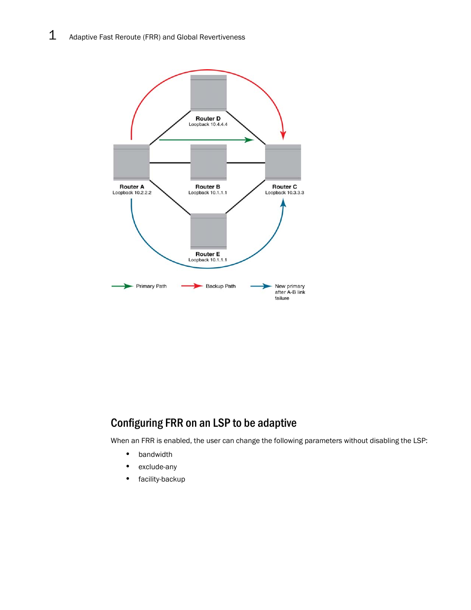 Configuring frr on an lsp to be adaptive | Brocade Multi-Service IronWare Multiprotocol Label Switch (MPLS) Configuration Guide (Supporting R05.6.00) User Manual | Page 94 / 852