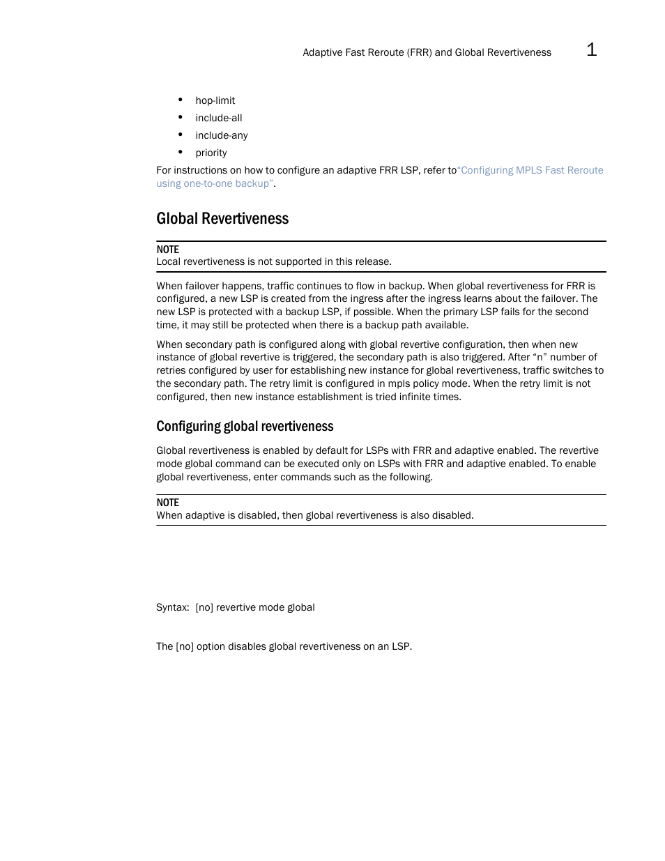 Global revertiveness, Configuring global revertiveness | Brocade Multi-Service IronWare Multiprotocol Label Switch (MPLS) Configuration Guide (Supporting R05.6.00) User Manual | Page 95 / 852