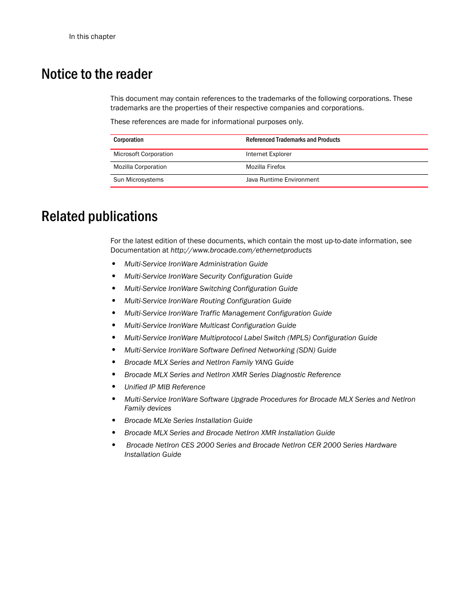 Notice to the reader, Related publications | Brocade Multi-Service IronWare Multicast Configuration Guide (Supporting R05.6.00) User Manual | Page 10 / 216