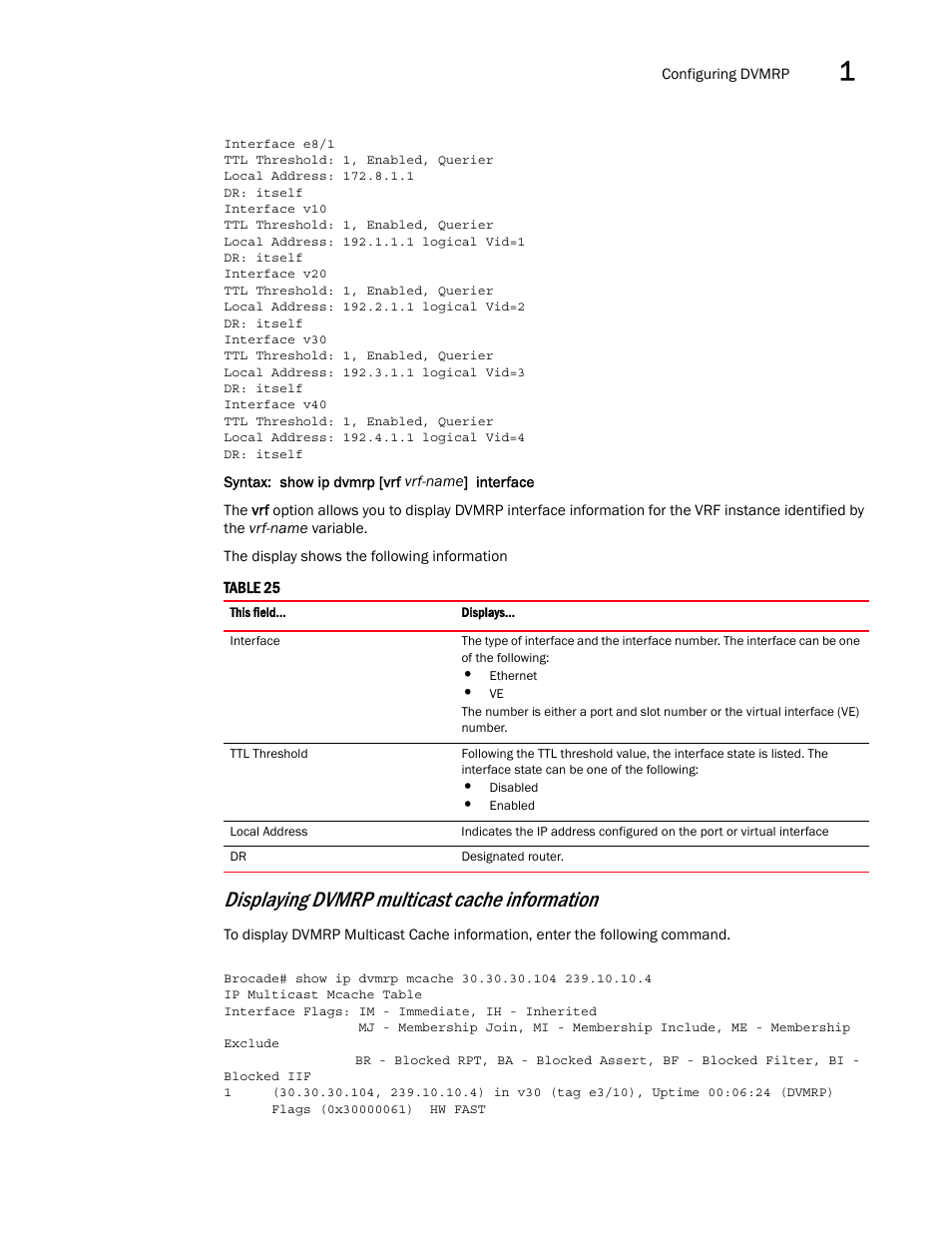 Show ip dvmrp [vrf vrf-name] interface, Displaying dvmrp multicast cache information | Brocade Multi-Service IronWare Multicast Configuration Guide (Supporting R05.6.00) User Manual | Page 111 / 216