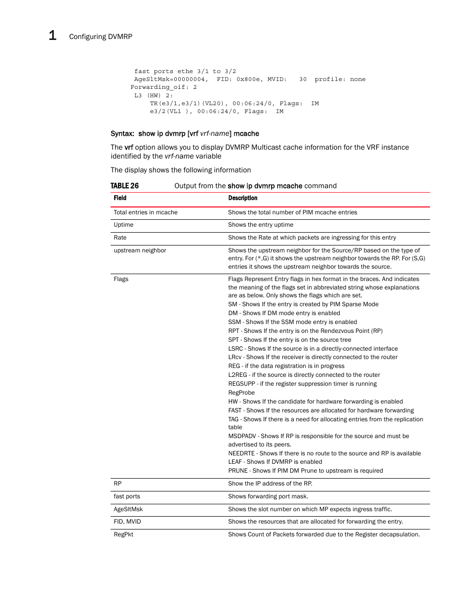 Show ip dvmrp [vrf vrf-name] mcache | Brocade Multi-Service IronWare Multicast Configuration Guide (Supporting R05.6.00) User Manual | Page 112 / 216