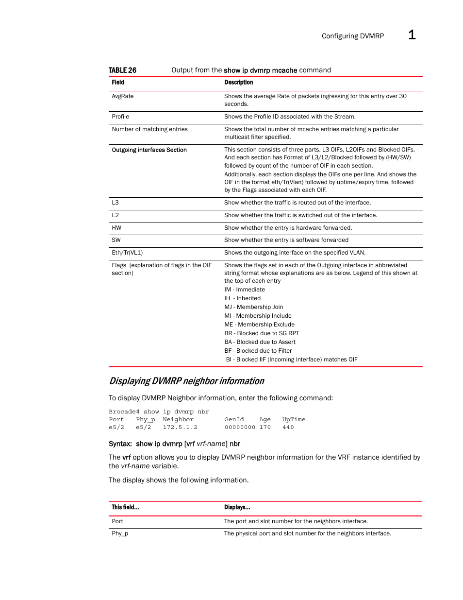 Displaying dvmrp neighbor information | Brocade Multi-Service IronWare Multicast Configuration Guide (Supporting R05.6.00) User Manual | Page 113 / 216