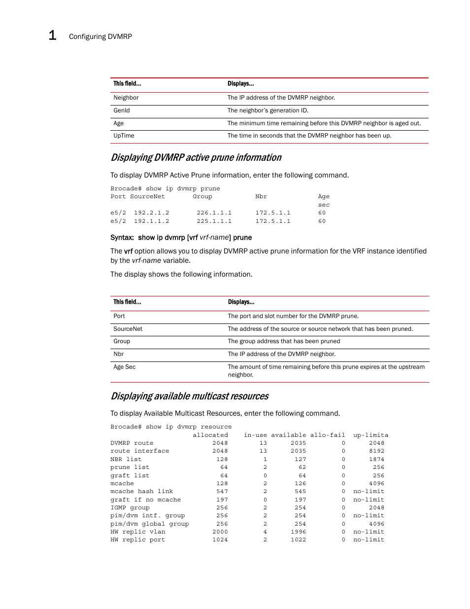 Displaying dvmrp active prune information, Displaying available multicast resources | Brocade Multi-Service IronWare Multicast Configuration Guide (Supporting R05.6.00) User Manual | Page 114 / 216