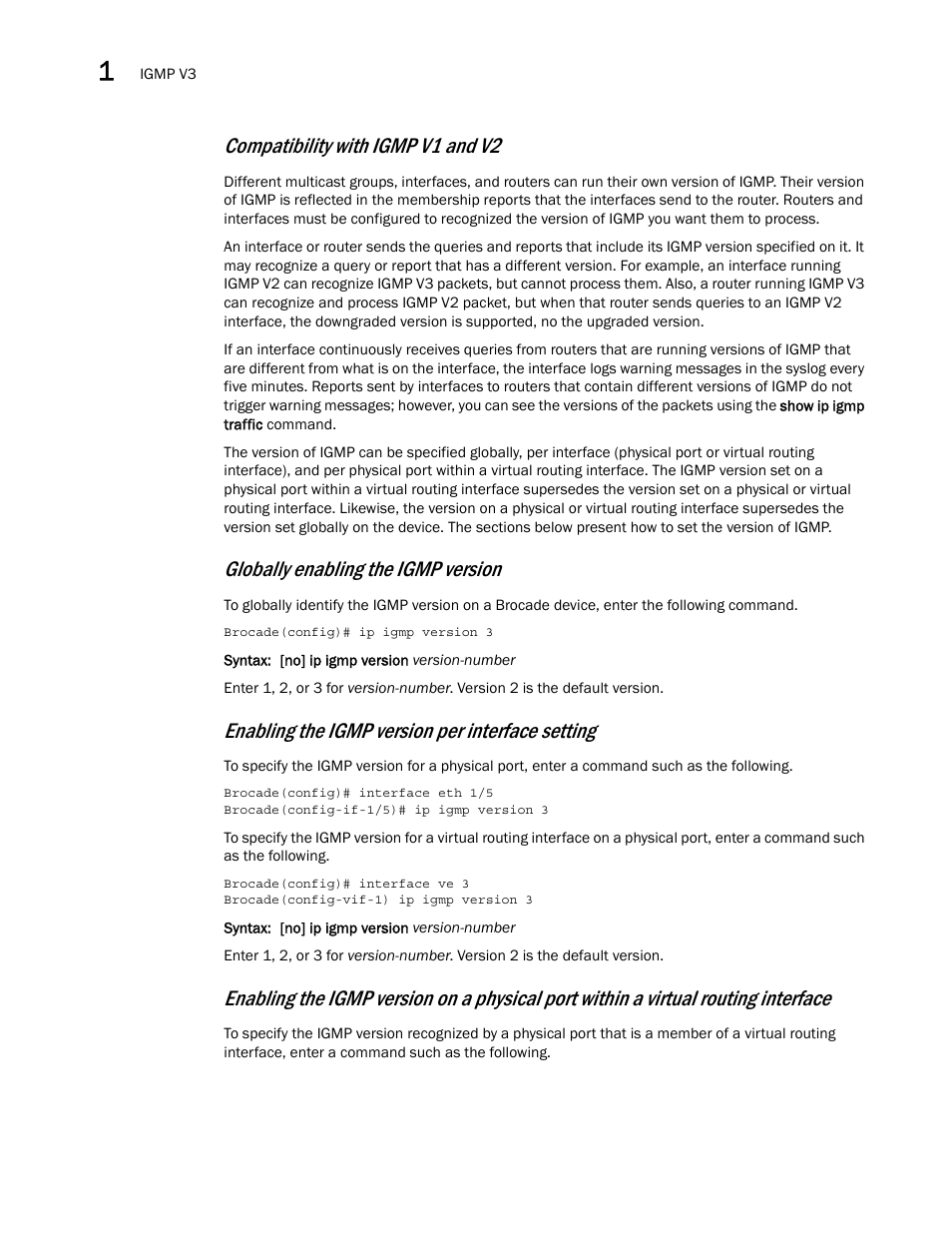 Compatibility with igmp v1 and v2, Globally enabling the igmp version, Enabling the igmp version per interface setting | Brocade Multi-Service IronWare Multicast Configuration Guide (Supporting R05.6.00) User Manual | Page 122 / 216