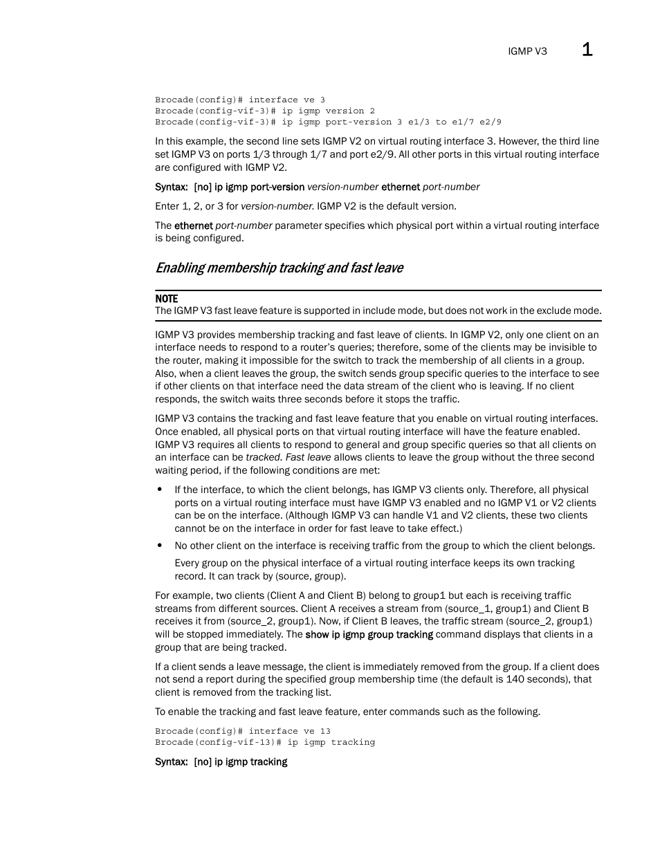 Enabling membership tracking and fast leave | Brocade Multi-Service IronWare Multicast Configuration Guide (Supporting R05.6.00) User Manual | Page 123 / 216