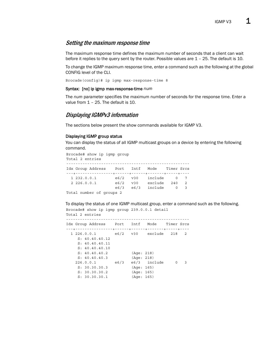 Setting the maximum response time, Displaying igmpv3 information | Brocade Multi-Service IronWare Multicast Configuration Guide (Supporting R05.6.00) User Manual | Page 125 / 216
