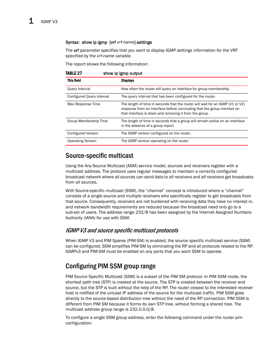 Source-specific multicast, Configuring pim ssm group range, Show ip igmp [vrf vrf-name] settings | Igmp v3 and source specific multicast protocols | Brocade Multi-Service IronWare Multicast Configuration Guide (Supporting R05.6.00) User Manual | Page 130 / 216