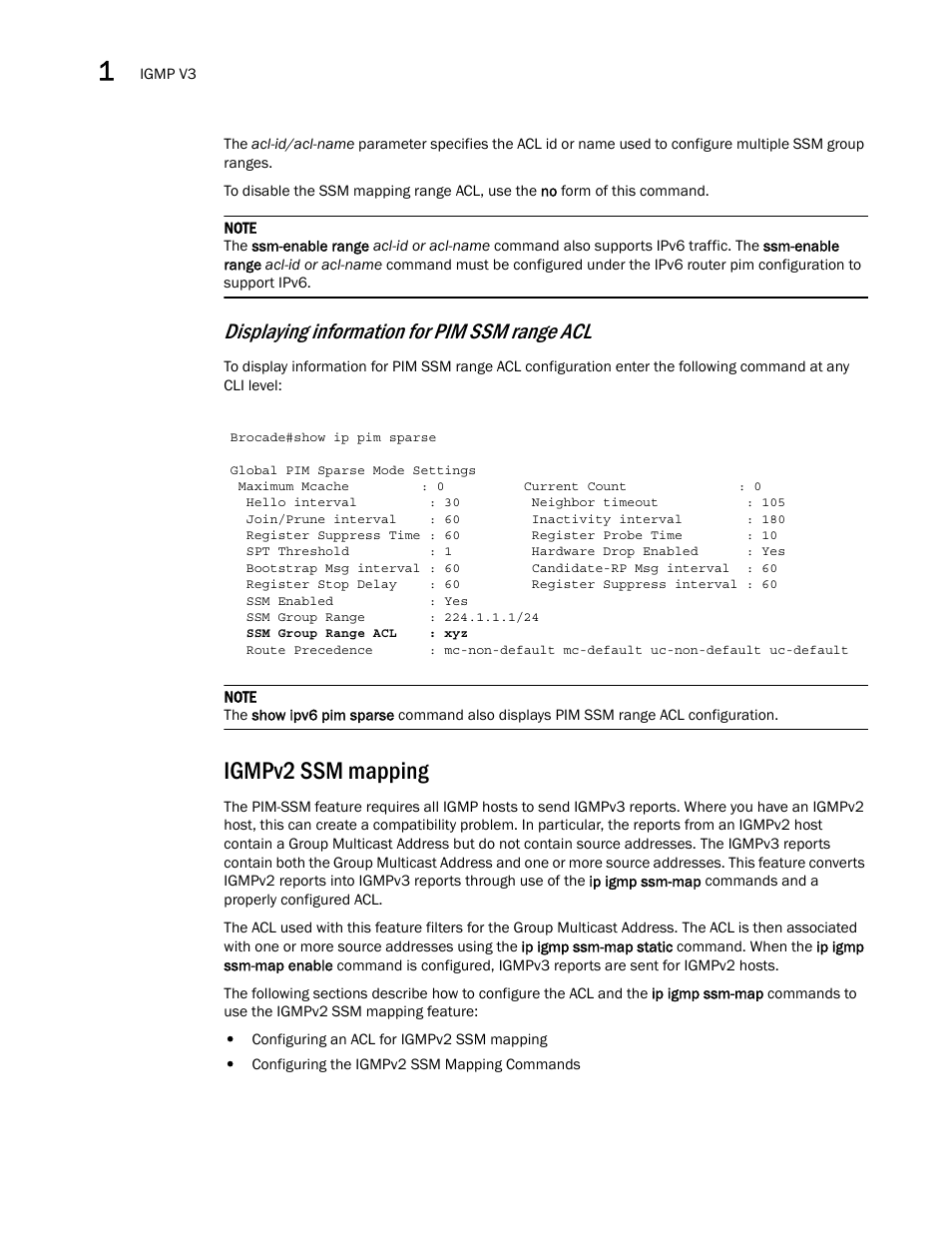 Igmpv2 ssm mapping, Displaying information for pim ssm range acl | Brocade Multi-Service IronWare Multicast Configuration Guide (Supporting R05.6.00) User Manual | Page 132 / 216