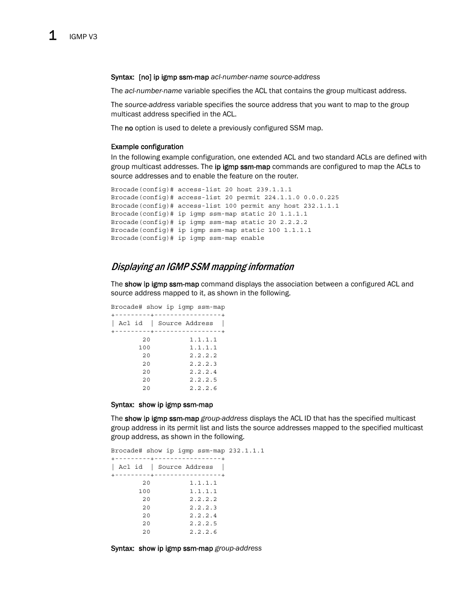 Displaying an igmp ssm mapping information | Brocade Multi-Service IronWare Multicast Configuration Guide (Supporting R05.6.00) User Manual | Page 134 / 216