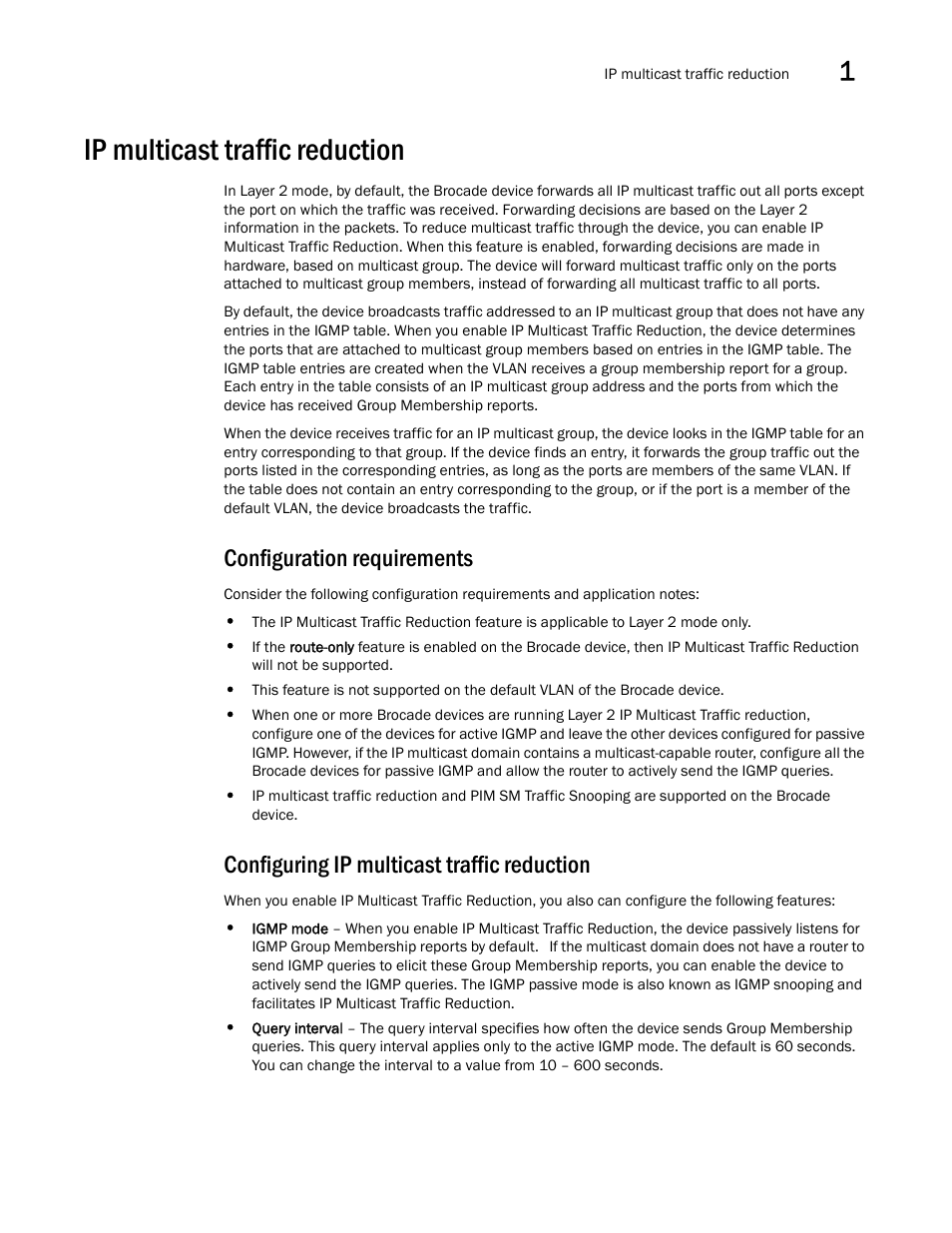 Ip multicast traffic reduction, Configuration requirements, Configuring ip multicast traffic reduction | Brocade Multi-Service IronWare Multicast Configuration Guide (Supporting R05.6.00) User Manual | Page 135 / 216