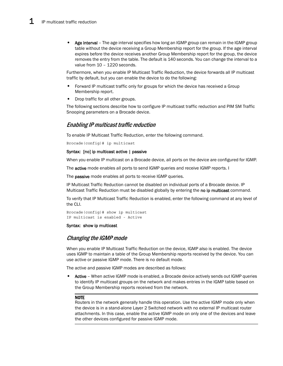 Enabling ip multicast traffic reduction, Changing the igmp mode | Brocade Multi-Service IronWare Multicast Configuration Guide (Supporting R05.6.00) User Manual | Page 136 / 216