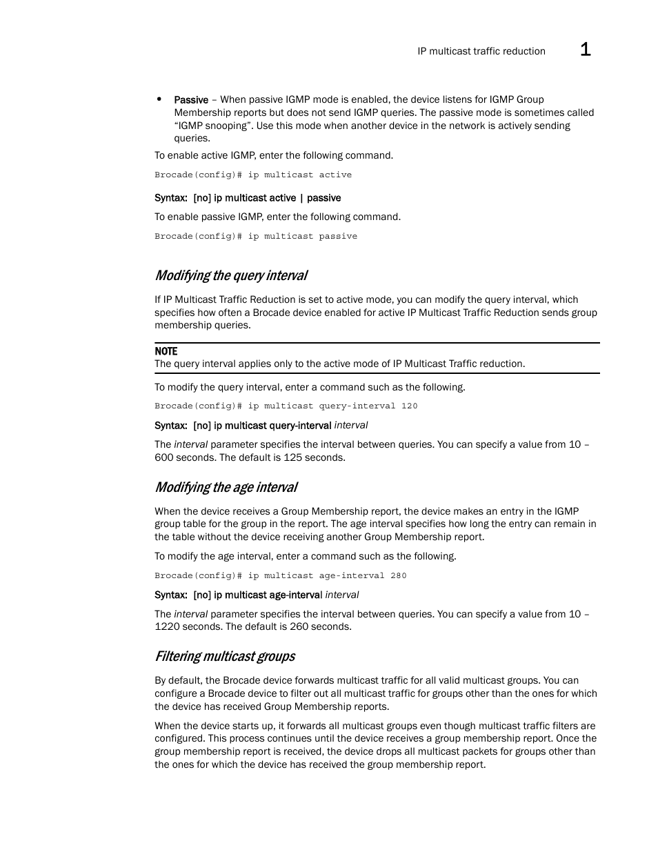 Modifying the query interval, Modifying the age interval, Filtering multicast groups | Brocade Multi-Service IronWare Multicast Configuration Guide (Supporting R05.6.00) User Manual | Page 137 / 216