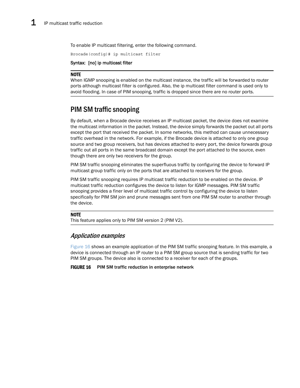Pim sm traffic snooping, Application examples | Brocade Multi-Service IronWare Multicast Configuration Guide (Supporting R05.6.00) User Manual | Page 138 / 216