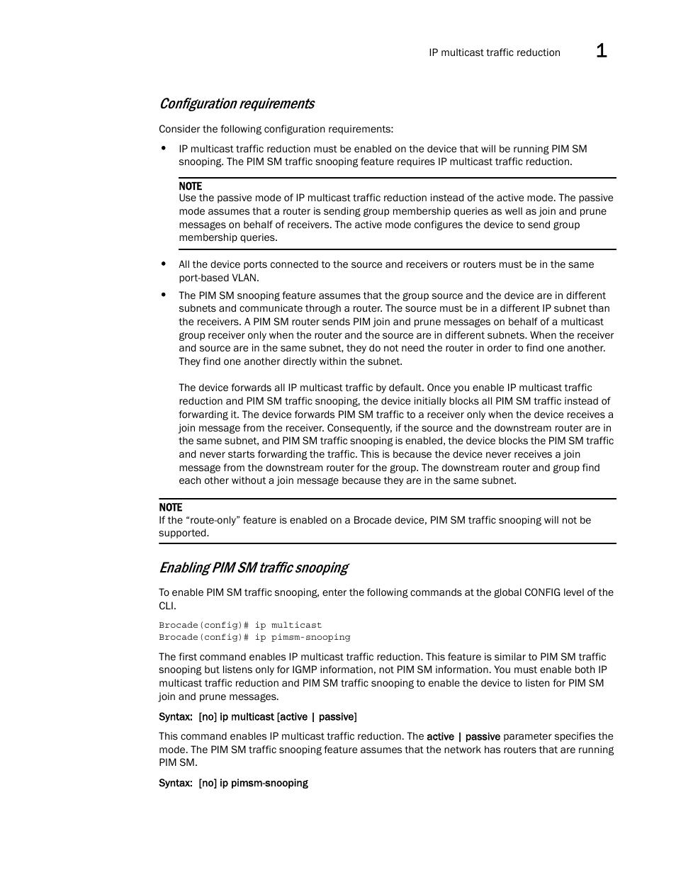 Configuration requirements, Enabling pim sm traffic snooping | Brocade Multi-Service IronWare Multicast Configuration Guide (Supporting R05.6.00) User Manual | Page 141 / 216