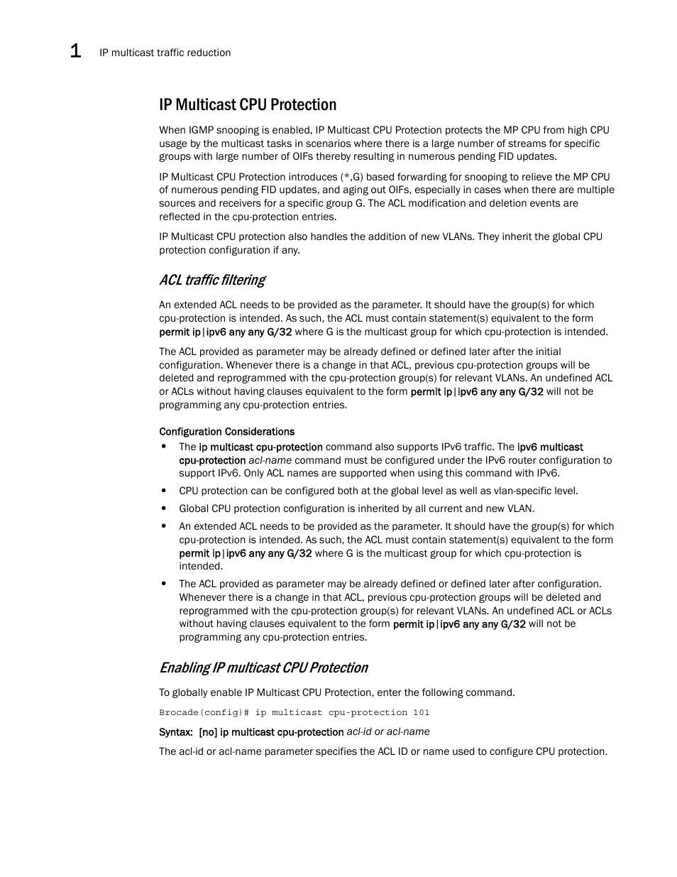Ip multicast cpu protection, Acl traffic filtering, Enabling ip multicast cpu protection | Brocade Multi-Service IronWare Multicast Configuration Guide (Supporting R05.6.00) User Manual | Page 146 / 216