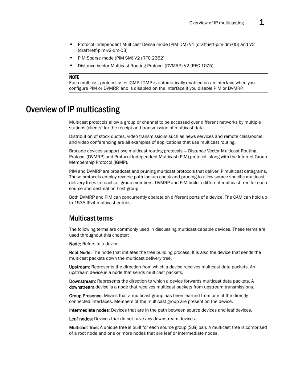 Overview of ip multicasting, Multicast terms | Brocade Multi-Service IronWare Multicast Configuration Guide (Supporting R05.6.00) User Manual | Page 15 / 216