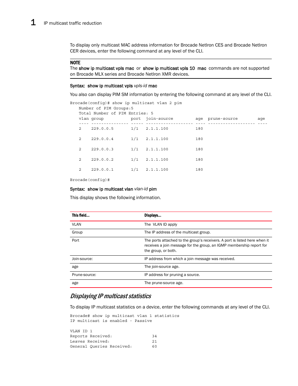 Displaying ip multicast statistics | Brocade Multi-Service IronWare Multicast Configuration Guide (Supporting R05.6.00) User Manual | Page 154 / 216