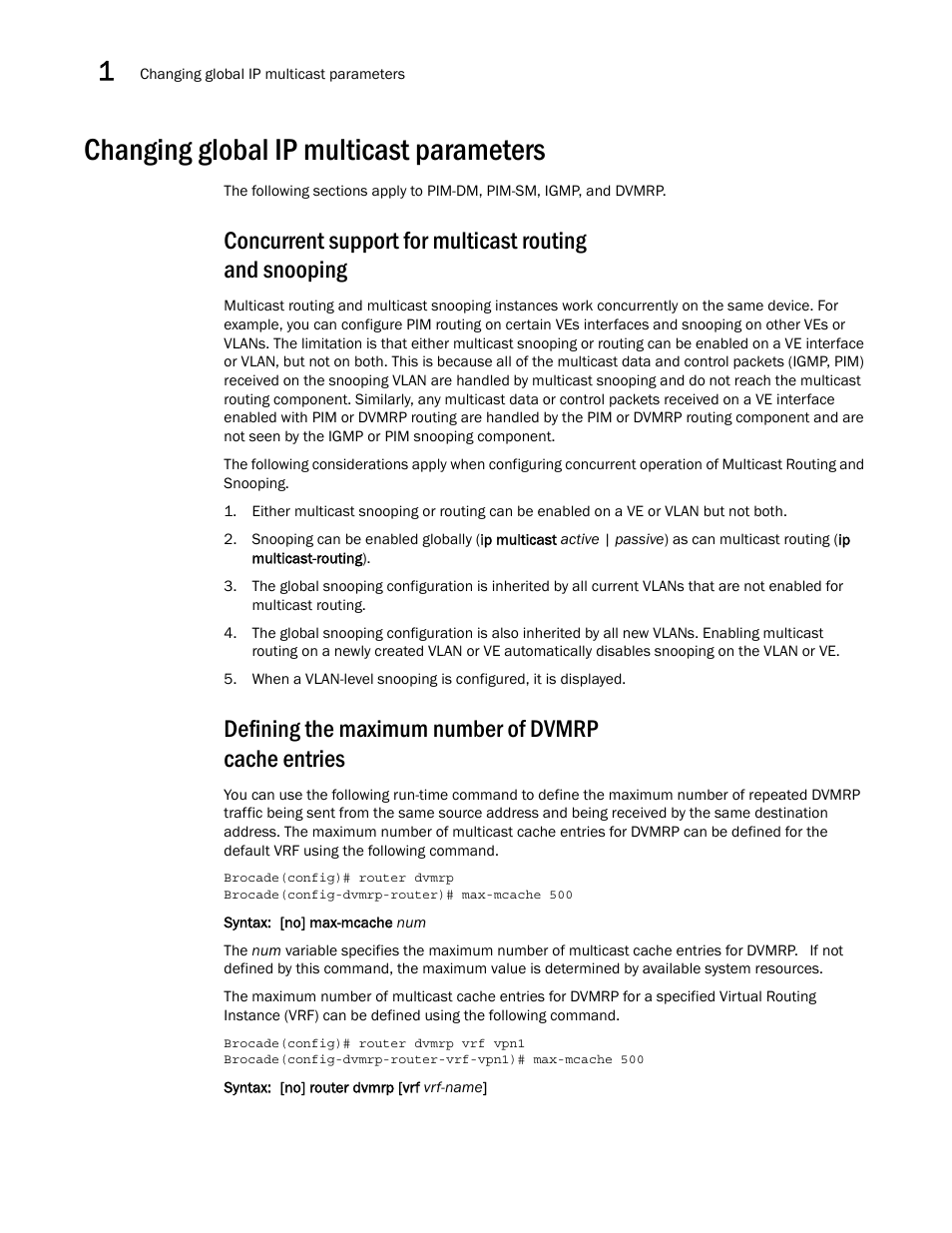 Changing global ip multicast parameters, Defining the maximum number of dvmrp cache entries | Brocade Multi-Service IronWare Multicast Configuration Guide (Supporting R05.6.00) User Manual | Page 16 / 216