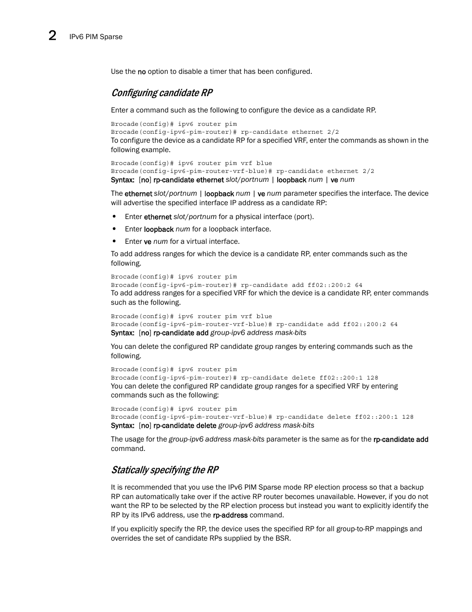 Configuring candidate rp, Statically specifying the rp | Brocade Multi-Service IronWare Multicast Configuration Guide (Supporting R05.6.00) User Manual | Page 168 / 216