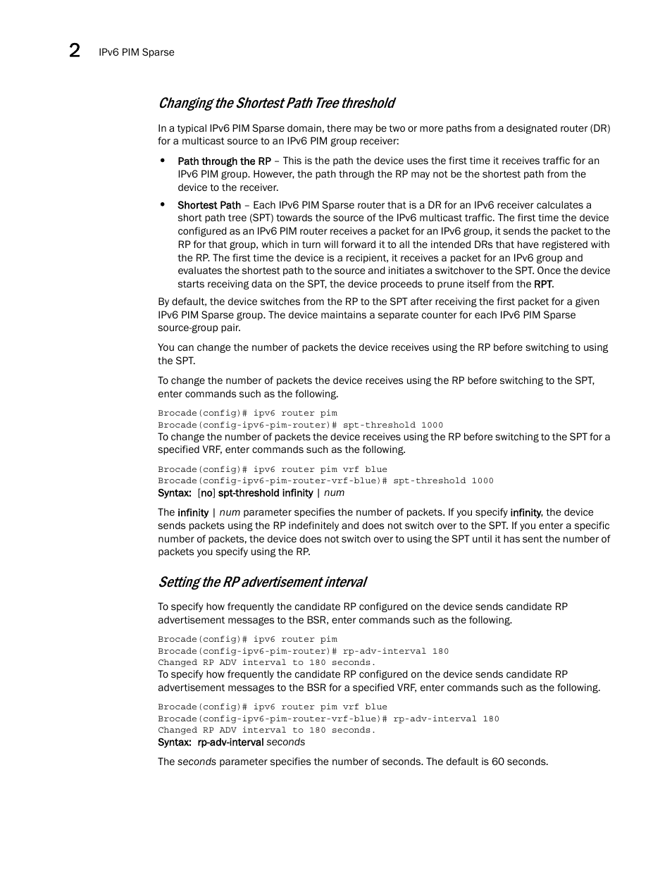 Changing the shortest path tree threshold, Setting the rp advertisement interval | Brocade Multi-Service IronWare Multicast Configuration Guide (Supporting R05.6.00) User Manual | Page 170 / 216