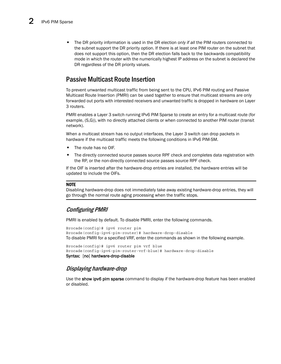 Passive multicast route insertion, Configuring pmri, Displaying hardware-drop | Brocade Multi-Service IronWare Multicast Configuration Guide (Supporting R05.6.00) User Manual | Page 176 / 216