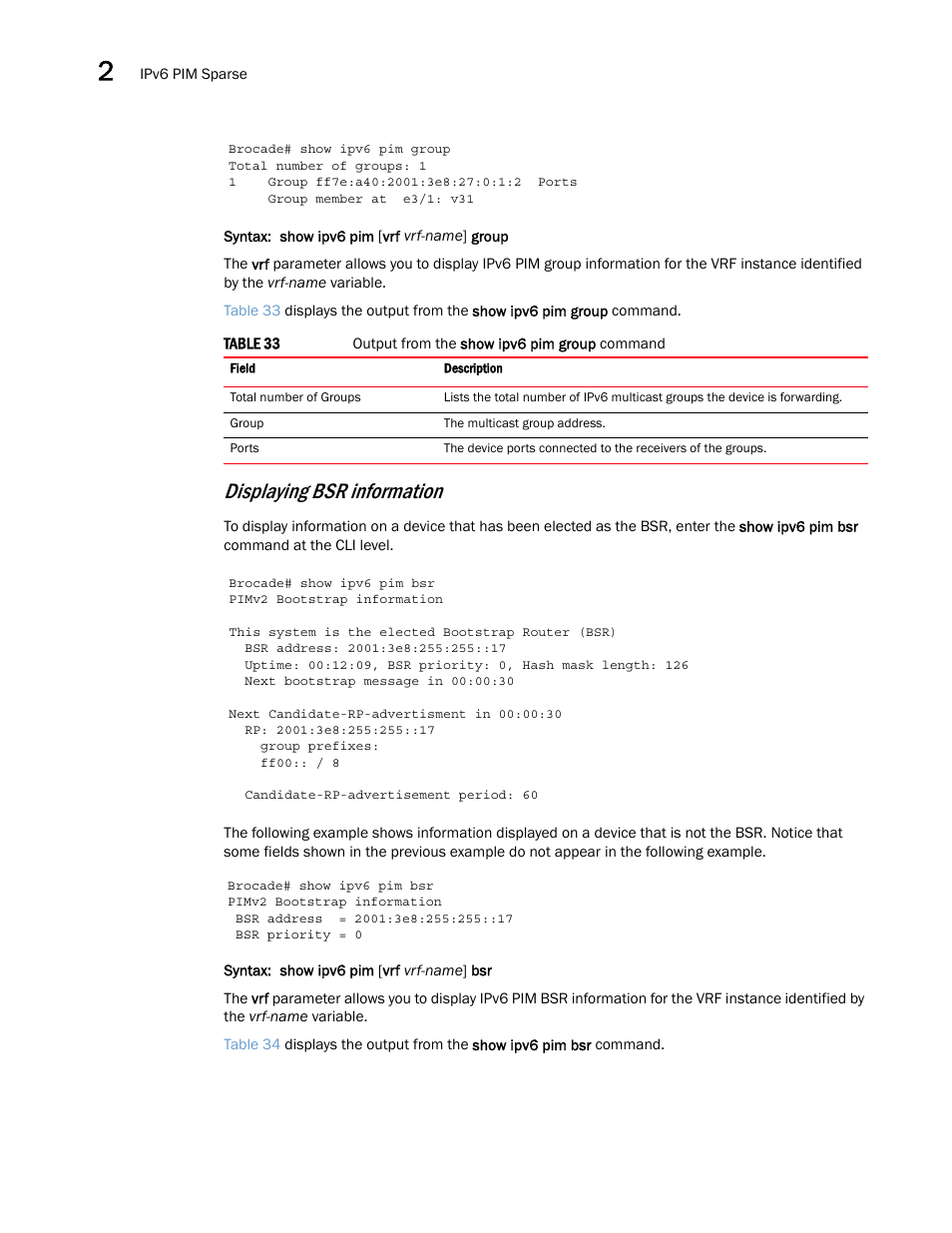 Displaying bsr information | Brocade Multi-Service IronWare Multicast Configuration Guide (Supporting R05.6.00) User Manual | Page 180 / 216