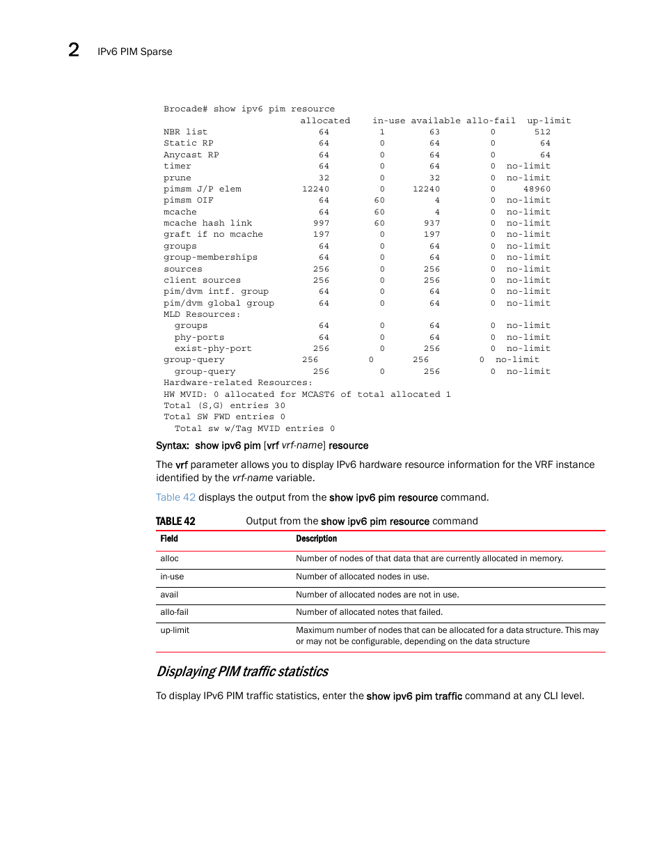 Displaying pim traffic statistics | Brocade Multi-Service IronWare Multicast Configuration Guide (Supporting R05.6.00) User Manual | Page 188 / 216