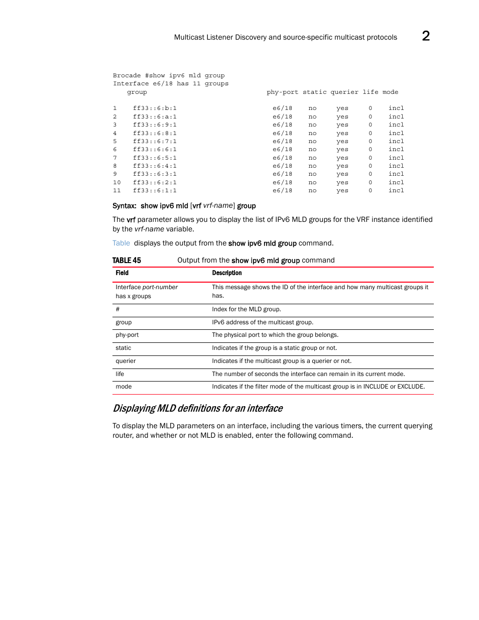 Displaying mld definitions for an interface | Brocade Multi-Service IronWare Multicast Configuration Guide (Supporting R05.6.00) User Manual | Page 199 / 216