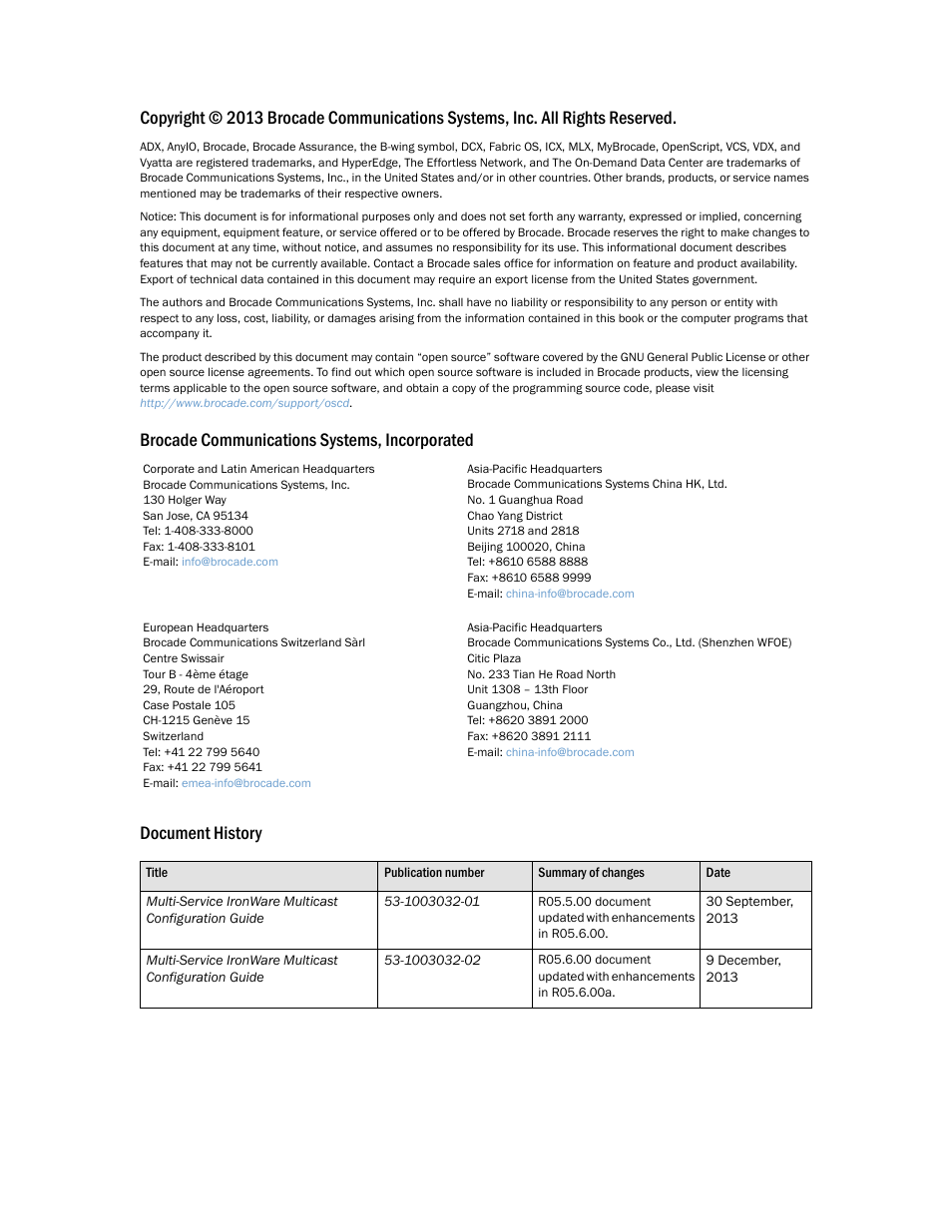 Brocade communications systems, incorporated, Document history | Brocade Multi-Service IronWare Multicast Configuration Guide (Supporting R05.6.00) User Manual | Page 2 / 216