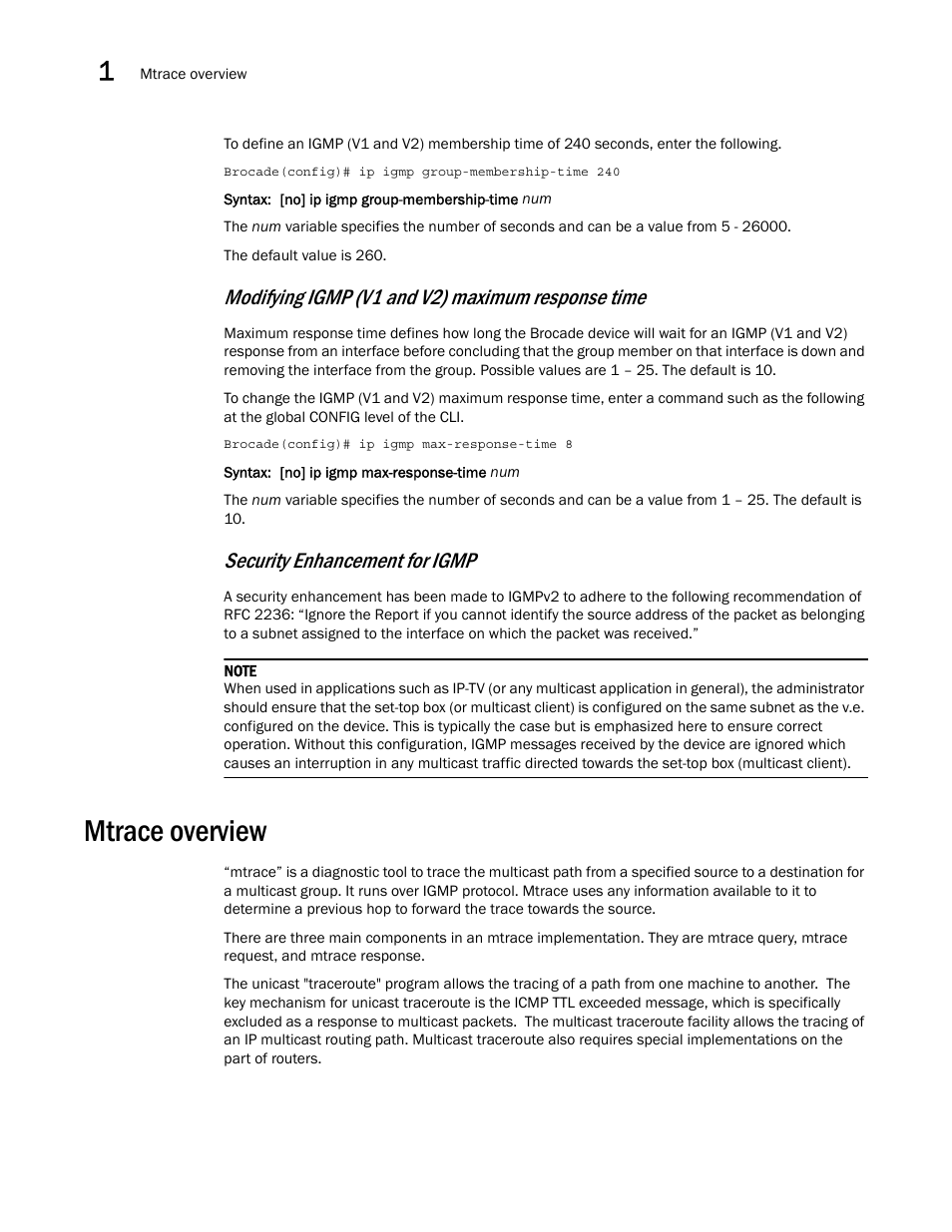 Mtrace overview, Modifying igmp (v1 and v2) maximum response time, Security enhancement for igmp | Brocade Multi-Service IronWare Multicast Configuration Guide (Supporting R05.6.00) User Manual | Page 20 / 216