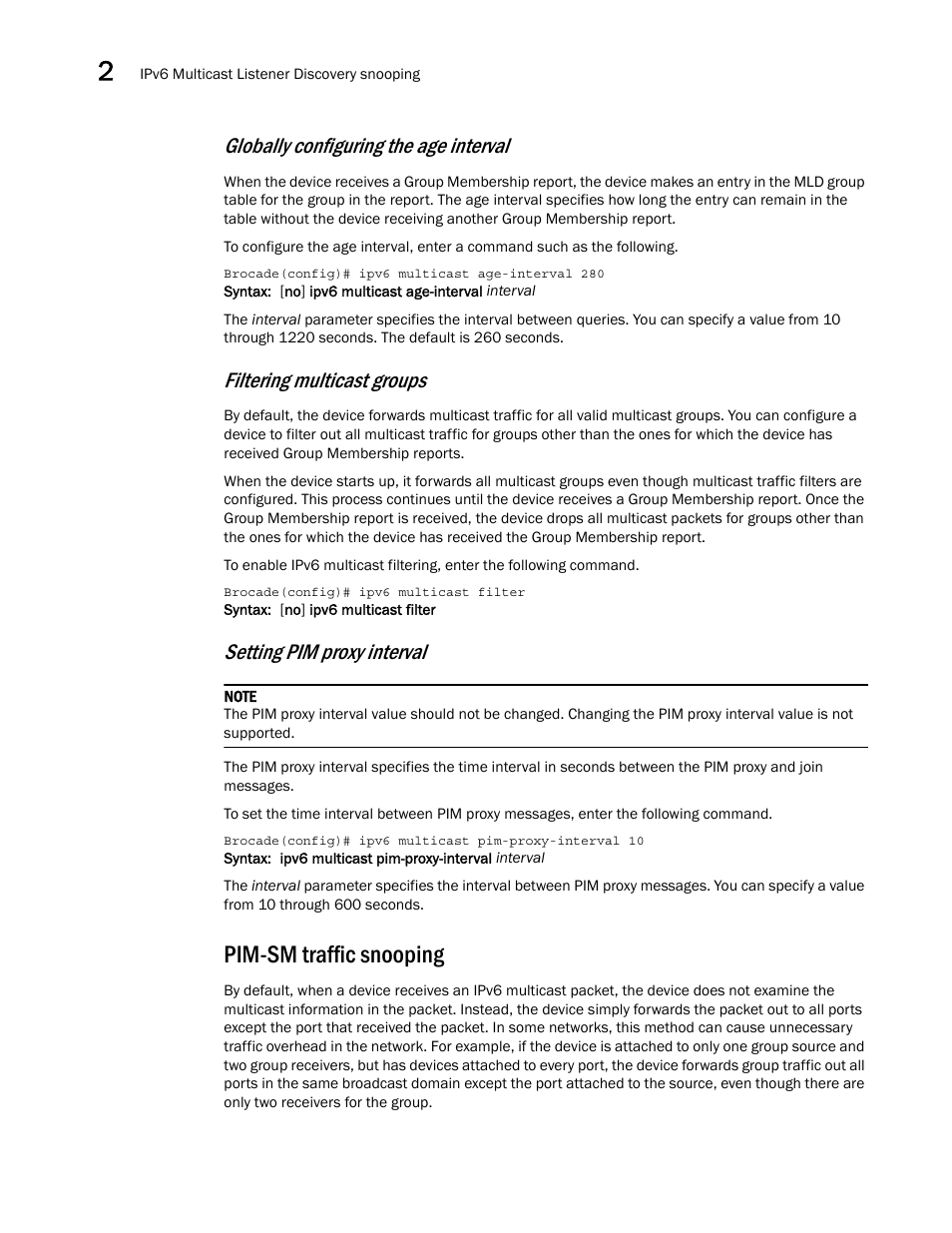 Pim-sm traffic snooping, Globally configuring the age interval, Filtering multicast groups | Setting pim proxy interval | Brocade Multi-Service IronWare Multicast Configuration Guide (Supporting R05.6.00) User Manual | Page 206 / 216