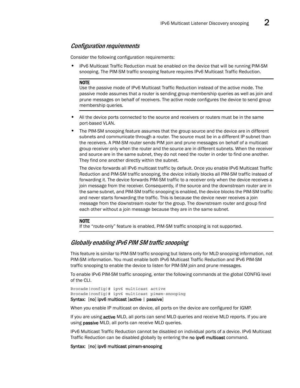 Configuration requirements, Globally enabling ipv6 pim sm traffic snooping | Brocade Multi-Service IronWare Multicast Configuration Guide (Supporting R05.6.00) User Manual | Page 209 / 216