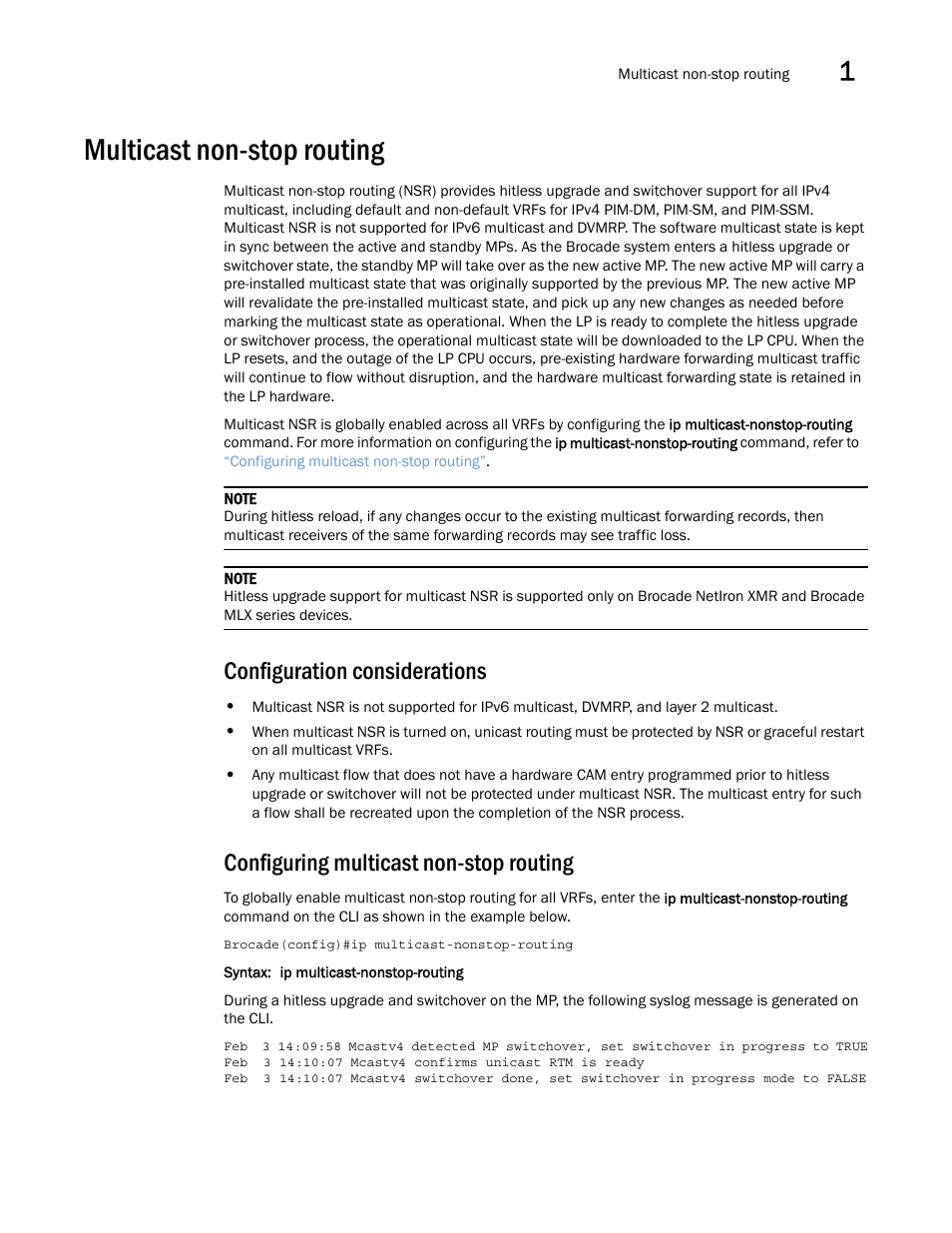 Multicast non-stop routing, Configuration considerations, Configuring multicast non-stop routing | Brocade Multi-Service IronWare Multicast Configuration Guide (Supporting R05.6.00) User Manual | Page 25 / 216