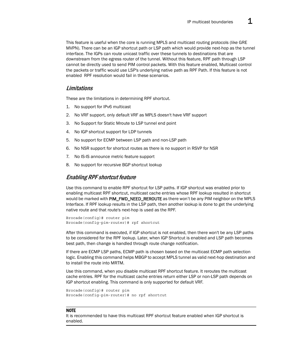 Limitations, Enabling rpf shortcut feature | Brocade Multi-Service IronWare Multicast Configuration Guide (Supporting R05.6.00) User Manual | Page 31 / 216