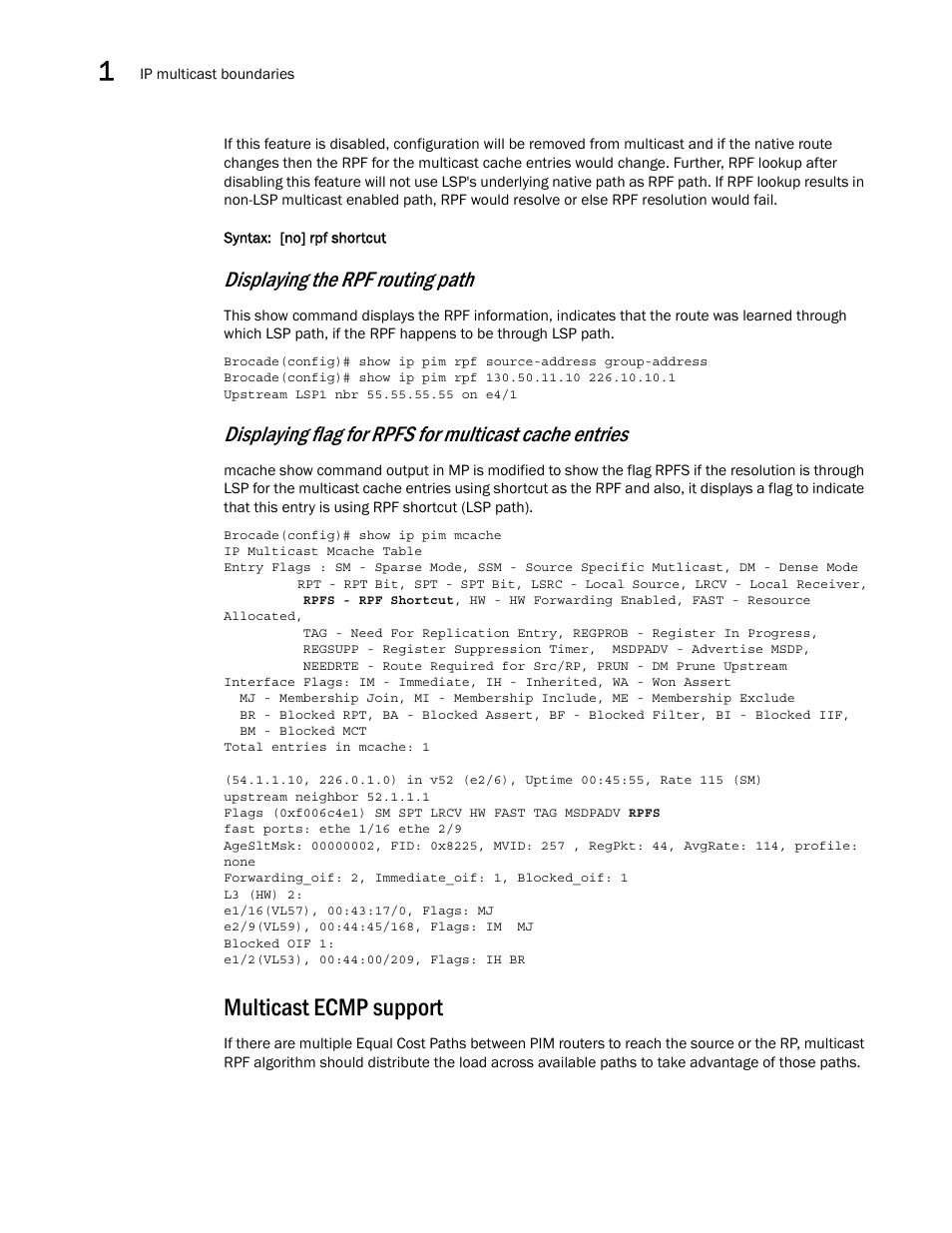 Multicast ecmp support, Displaying the rpf routing path | Brocade Multi-Service IronWare Multicast Configuration Guide (Supporting R05.6.00) User Manual | Page 32 / 216