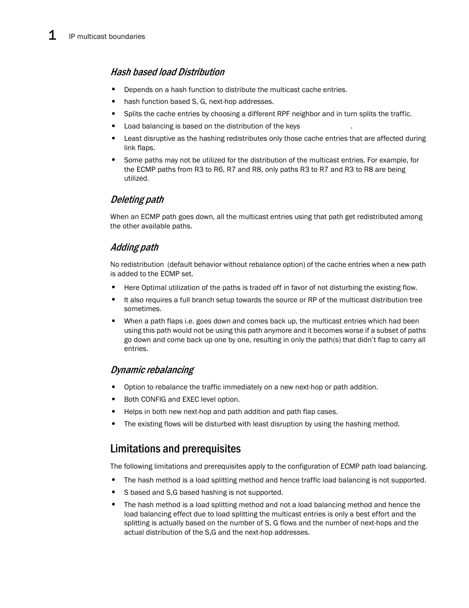 Limitations and prerequisites, Hash based load distribution, Deleting path | Adding path, Dynamic rebalancing | Brocade Multi-Service IronWare Multicast Configuration Guide (Supporting R05.6.00) User Manual | Page 34 / 216
