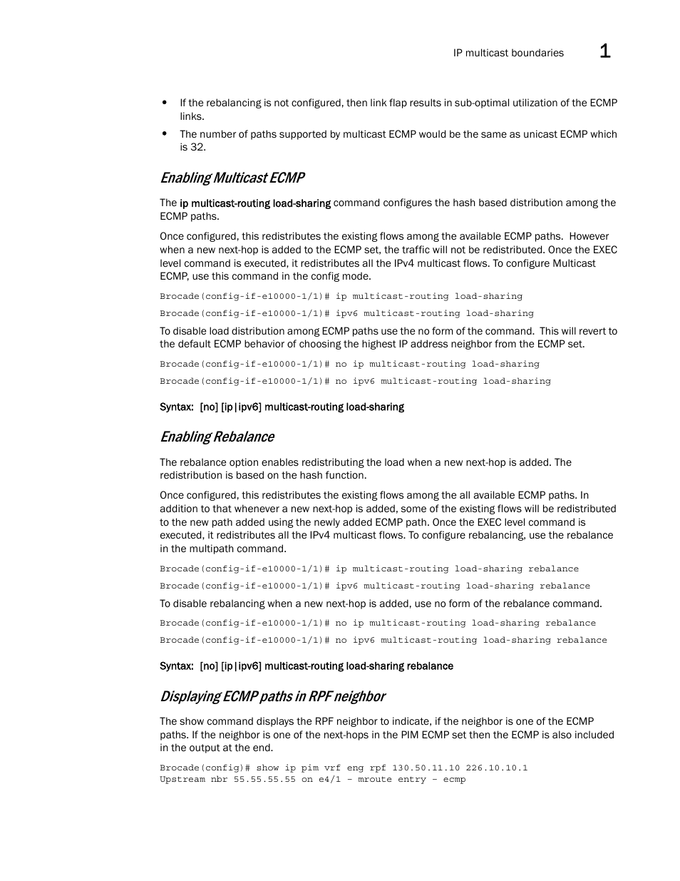Enabling multicast ecmp, Enabling rebalance, Displaying ecmp paths in rpf neighbor | Brocade Multi-Service IronWare Multicast Configuration Guide (Supporting R05.6.00) User Manual | Page 35 / 216