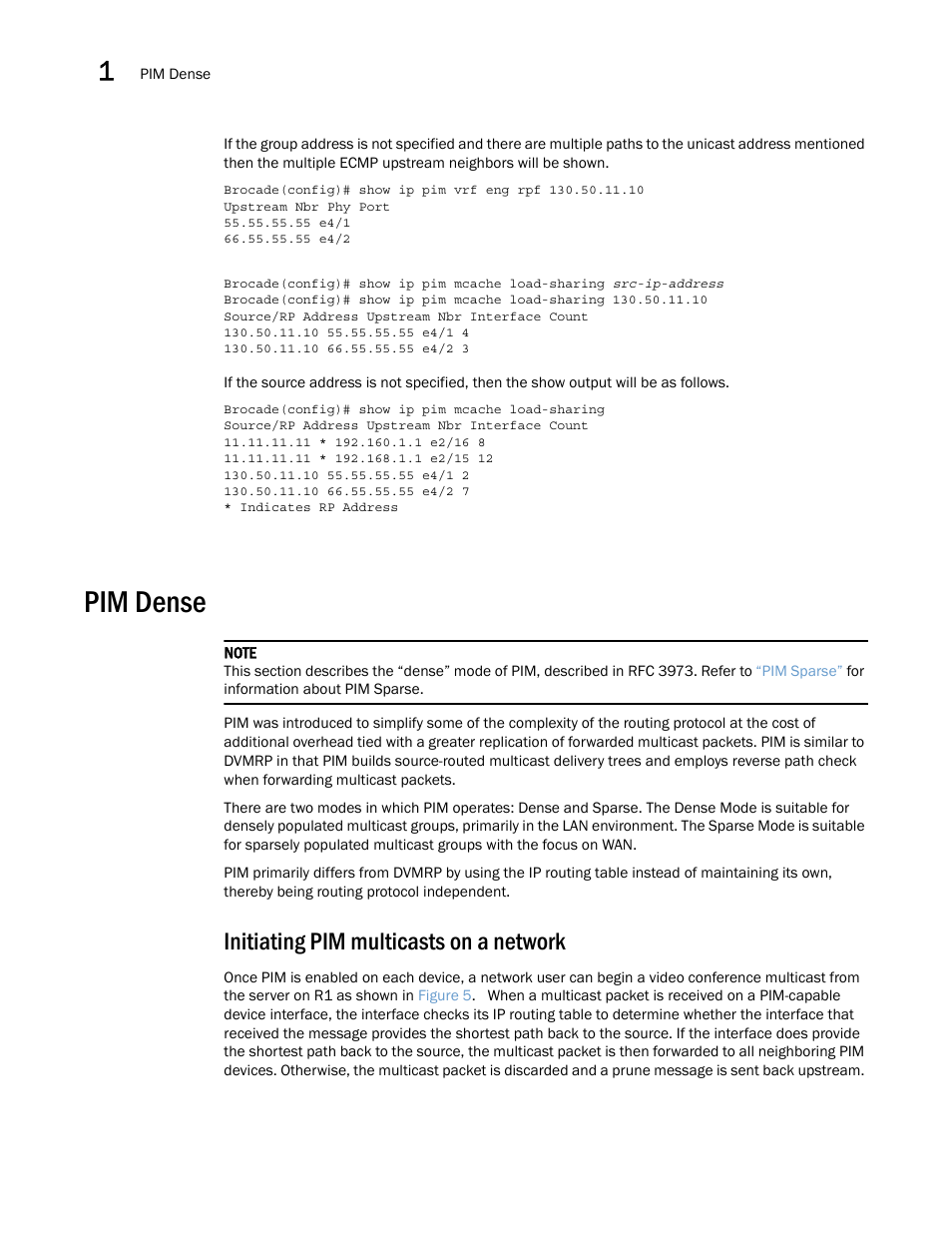 Pim dense, Initiating pim multicasts on a network | Brocade Multi-Service IronWare Multicast Configuration Guide (Supporting R05.6.00) User Manual | Page 36 / 216