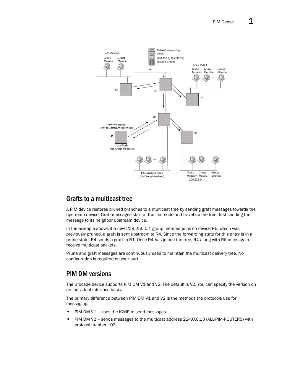 Grafts to a multicast tree, Pim dm versions | Brocade Multi-Service IronWare Multicast Configuration Guide (Supporting R05.6.00) User Manual | Page 39 / 216