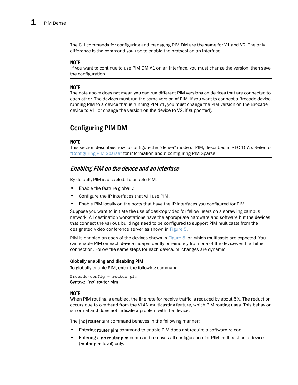 Configuring pim dm, Enabling pim on the device and an interface | Brocade Multi-Service IronWare Multicast Configuration Guide (Supporting R05.6.00) User Manual | Page 40 / 216