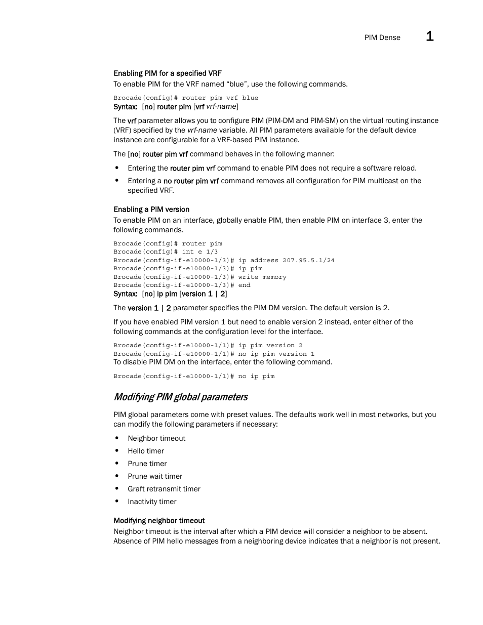 Ribed in, Enabling pim for a specified vrf, Modifying pim global parameters | Brocade Multi-Service IronWare Multicast Configuration Guide (Supporting R05.6.00) User Manual | Page 41 / 216