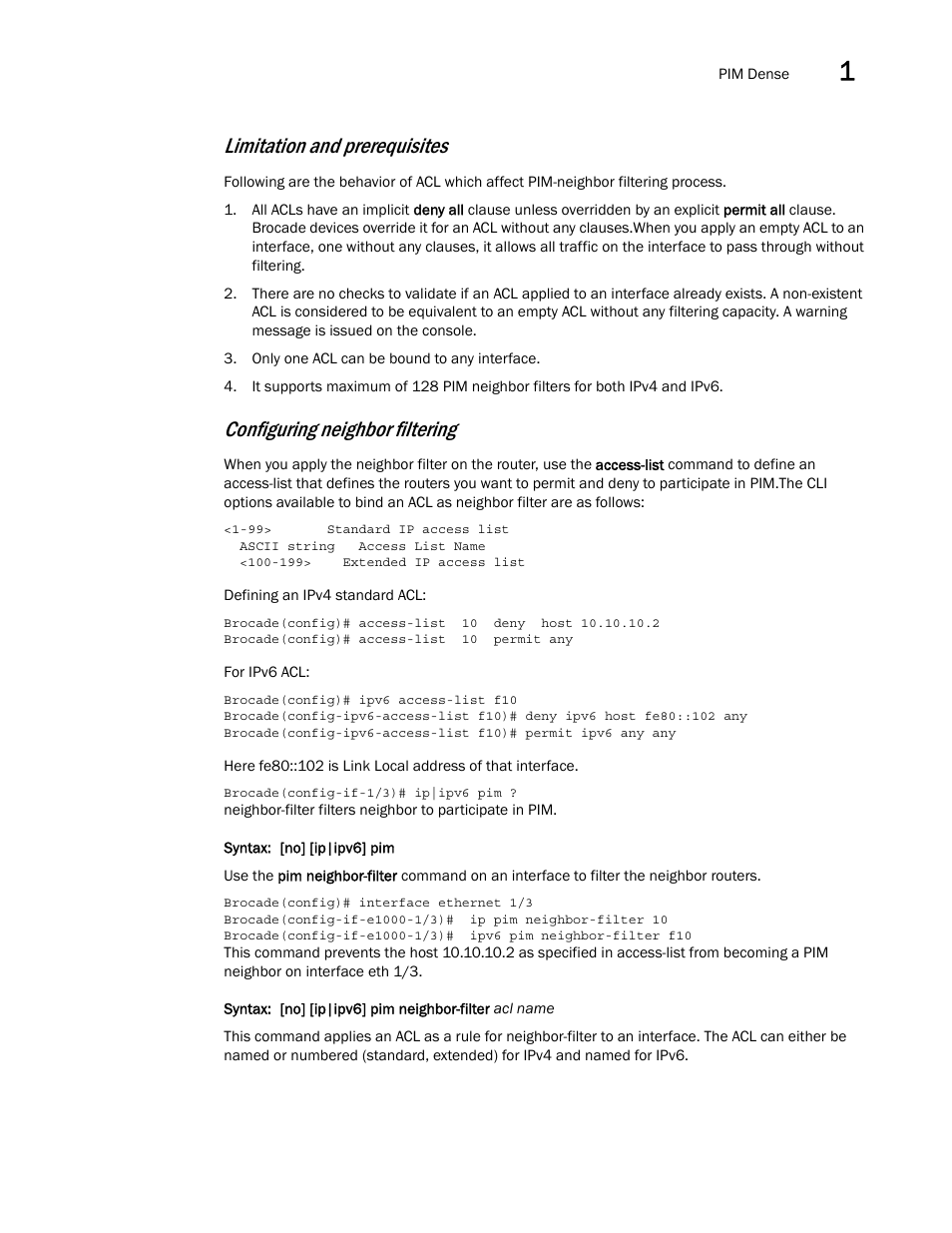 Limitation and prerequisites, Configuring neighbor filtering | Brocade Multi-Service IronWare Multicast Configuration Guide (Supporting R05.6.00) User Manual | Page 51 / 216