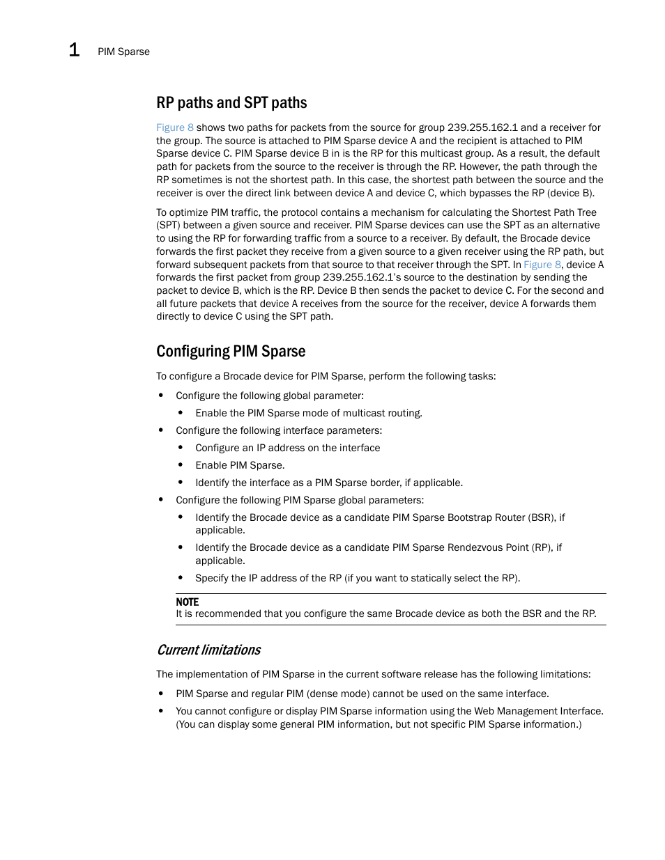 Rp paths and spt paths, Configuring pim sparse, Current limitations | Brocade Multi-Service IronWare Multicast Configuration Guide (Supporting R05.6.00) User Manual | Page 54 / 216