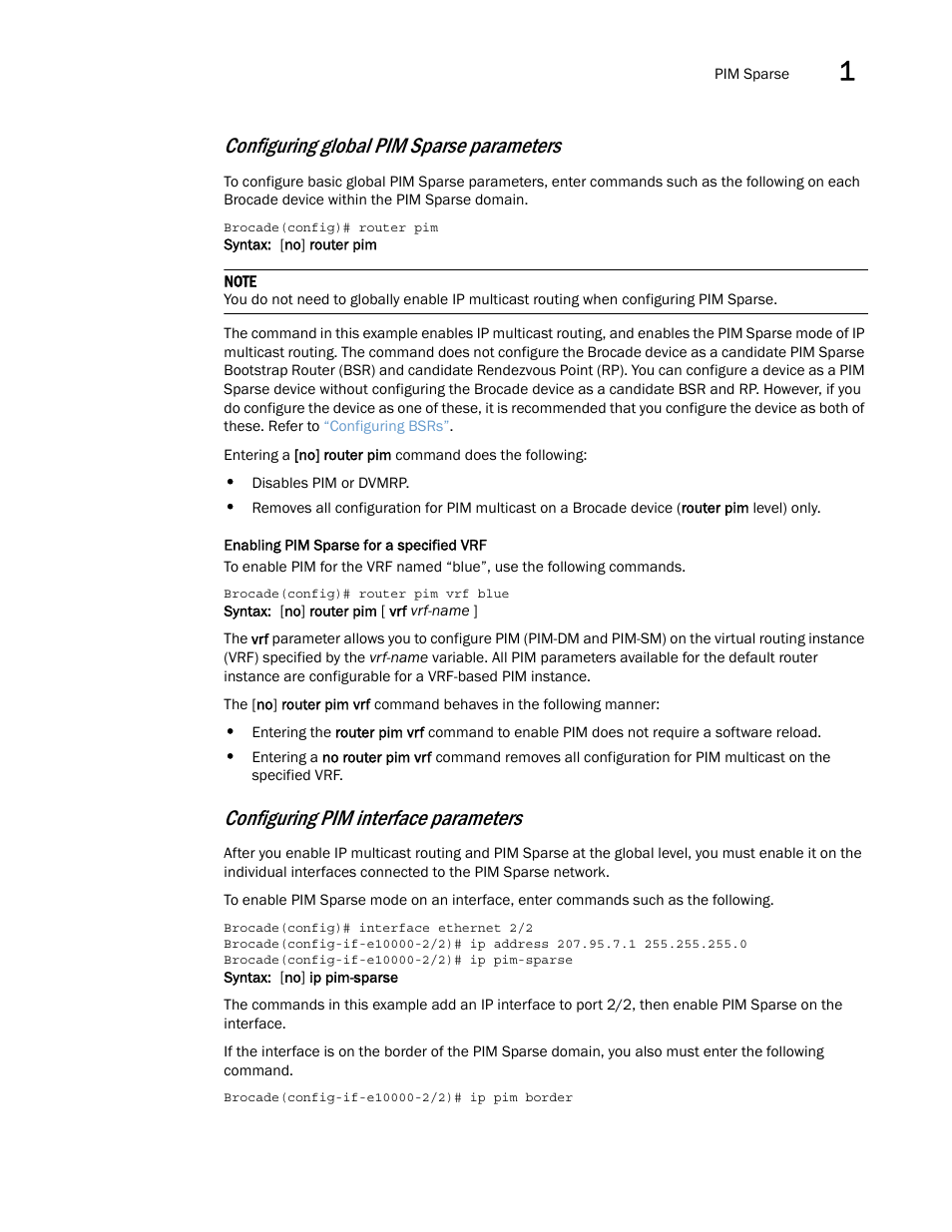 Enabling pim sparse for a specified vrf, Configuring global pim sparse parameters, Configuring pim interface parameters | Brocade Multi-Service IronWare Multicast Configuration Guide (Supporting R05.6.00) User Manual | Page 55 / 216