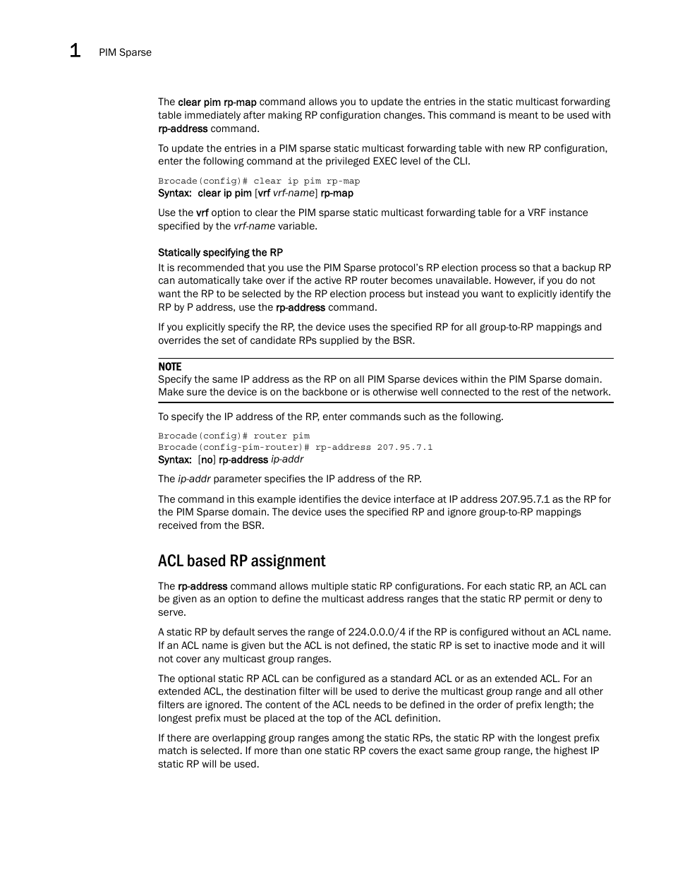 Acl based rp assignment | Brocade Multi-Service IronWare Multicast Configuration Guide (Supporting R05.6.00) User Manual | Page 58 / 216