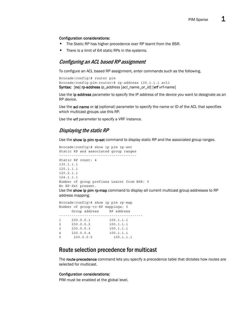 Route selection precedence for multicast, Configuring an acl based rp assignment, Displaying the static rp | Brocade Multi-Service IronWare Multicast Configuration Guide (Supporting R05.6.00) User Manual | Page 59 / 216