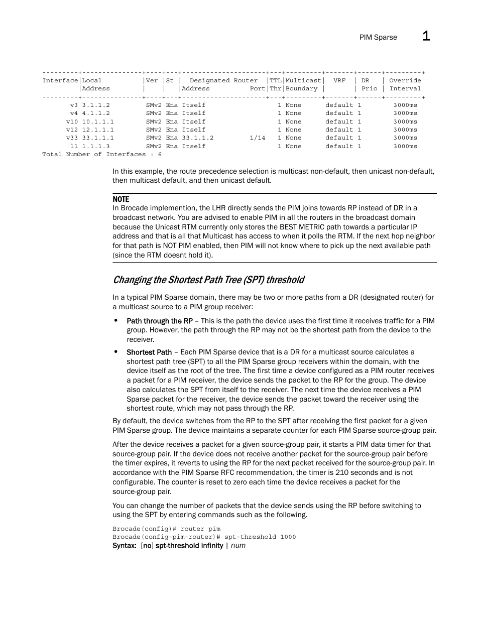Changing the shortest path tree (spt) threshold | Brocade Multi-Service IronWare Multicast Configuration Guide (Supporting R05.6.00) User Manual | Page 61 / 216