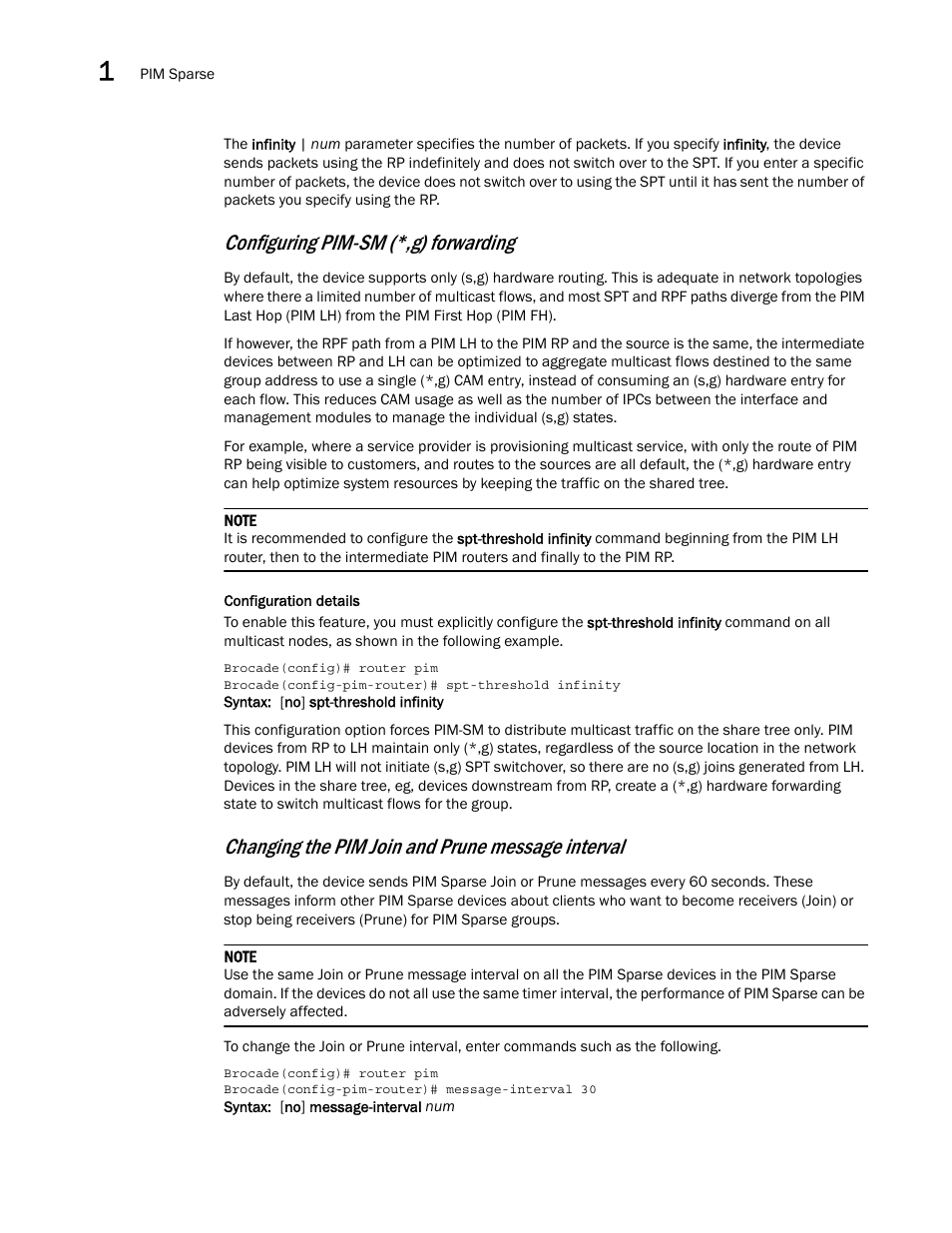 Configuring pim-sm (*,g) forwarding, Changing the pim join and prune message interval | Brocade Multi-Service IronWare Multicast Configuration Guide (Supporting R05.6.00) User Manual | Page 62 / 216