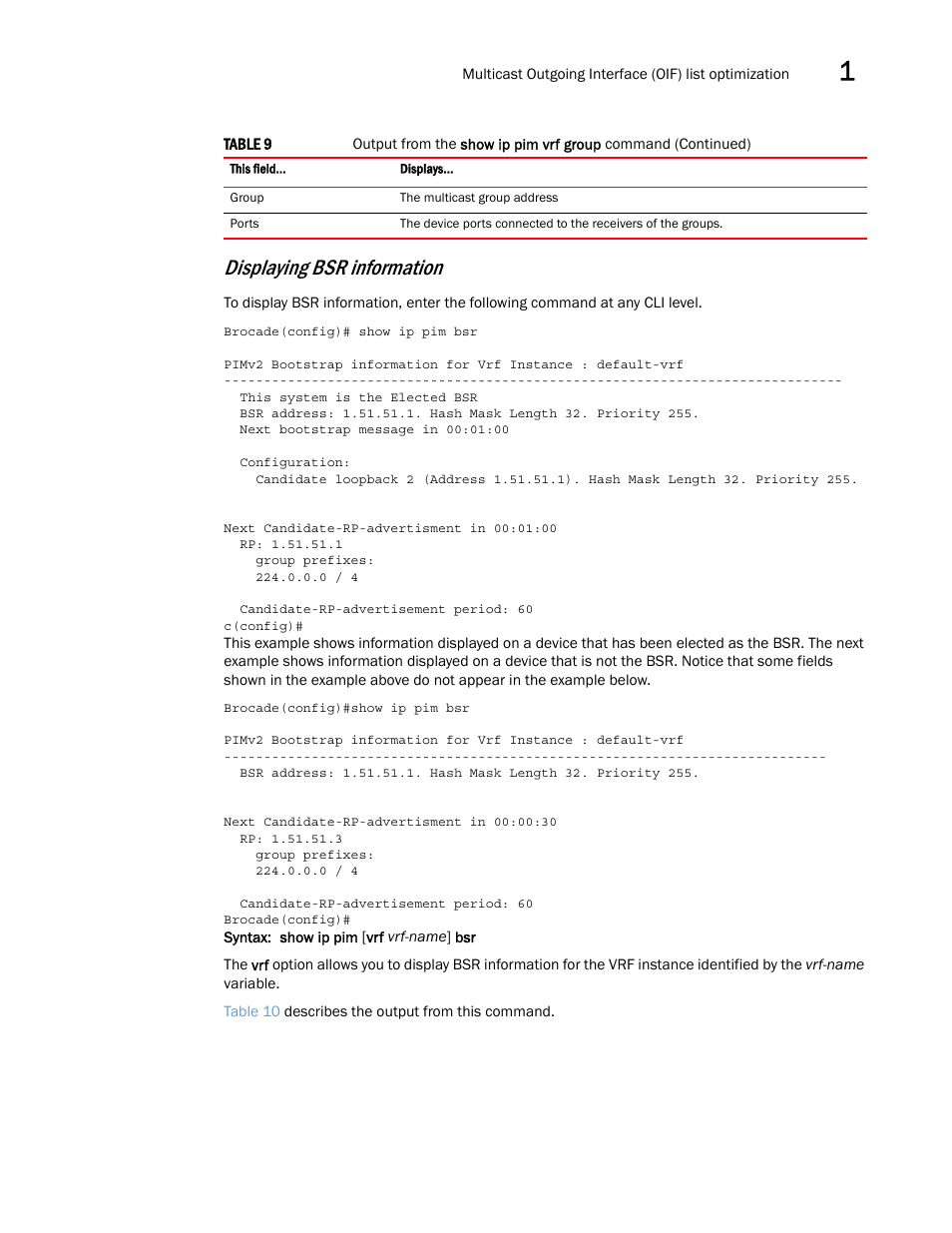 Displaying bsr information | Brocade Multi-Service IronWare Multicast Configuration Guide (Supporting R05.6.00) User Manual | Page 67 / 216