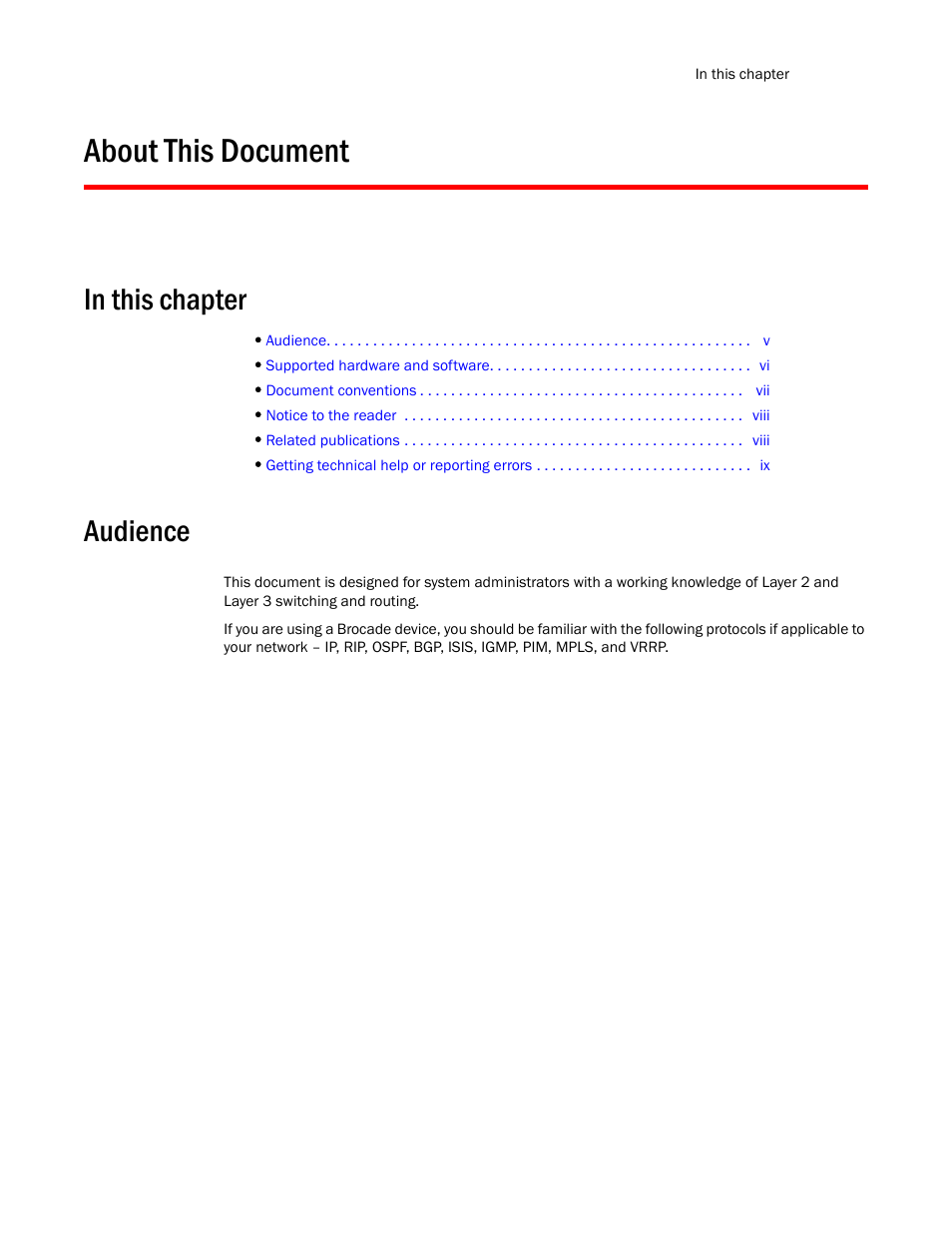 About this document, In this chapter, Audience | Brocade Multi-Service IronWare Multicast Configuration Guide (Supporting R05.6.00) User Manual | Page 7 / 216